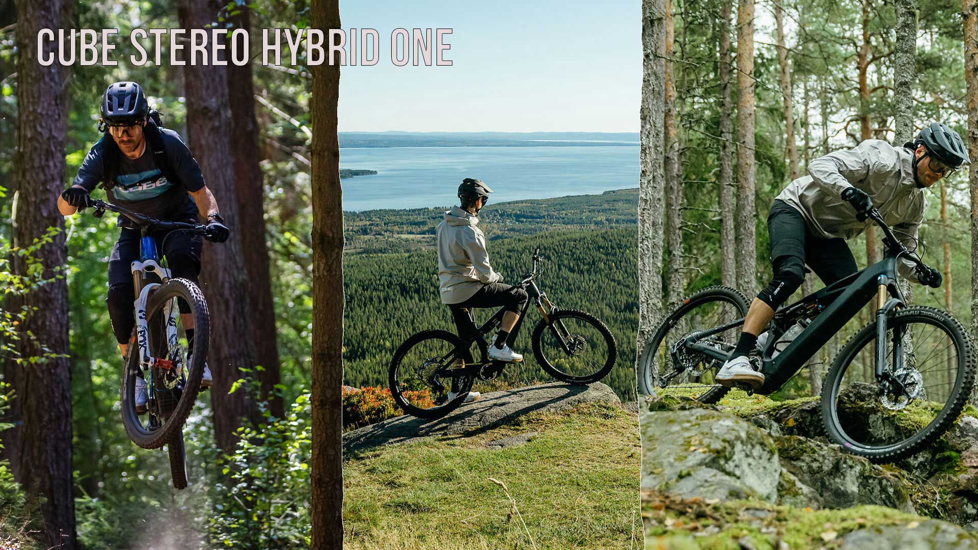 Se ve un collage de imágenes titulado «Cube Stereo Hybrid ONE», en el que aparecen varios ciclistas circulando por un paisaje boscoso.