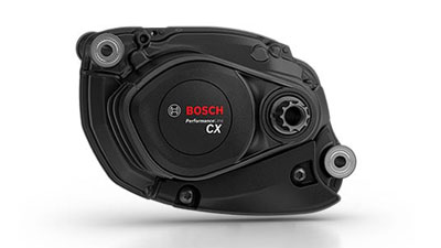 Se puede ver un motor negro para bicicleta eléctrica Bosch Performance Line CX.