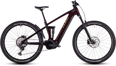 Se puede ver un Cube Stereo Hybrid ONE22 de color rojo oscuro.
