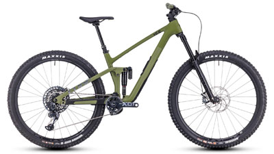 Bicicleta de montaña Cube Stereo ONE55 C:62 TM MTB de doble suspensión en color verde.