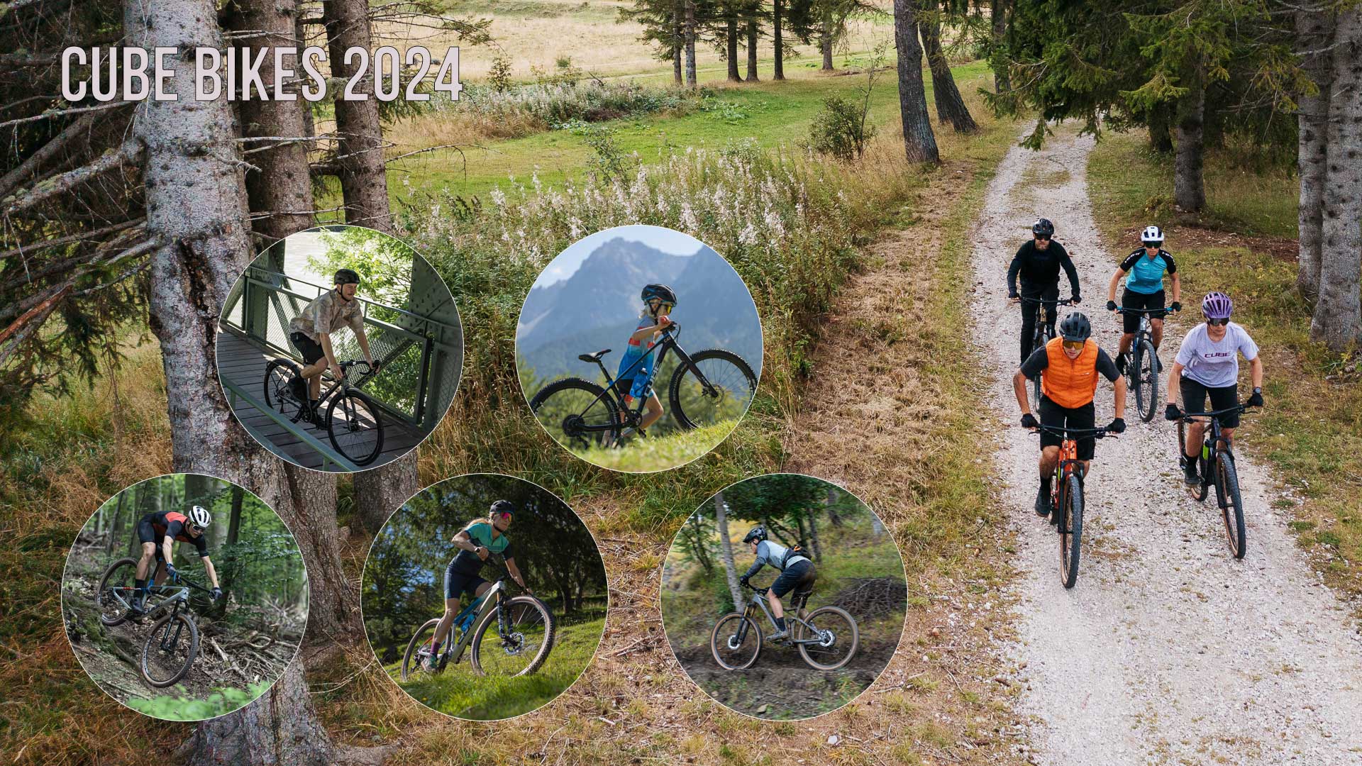Banner con el título Cube Bikes 2024 con imágenes de ciclistas en diferentes bicicletas Cube, entre ellas una bicicleta gravel, una bicicleta para niños, una bicicleta de montaña y una bicicleta de doble suspensión.