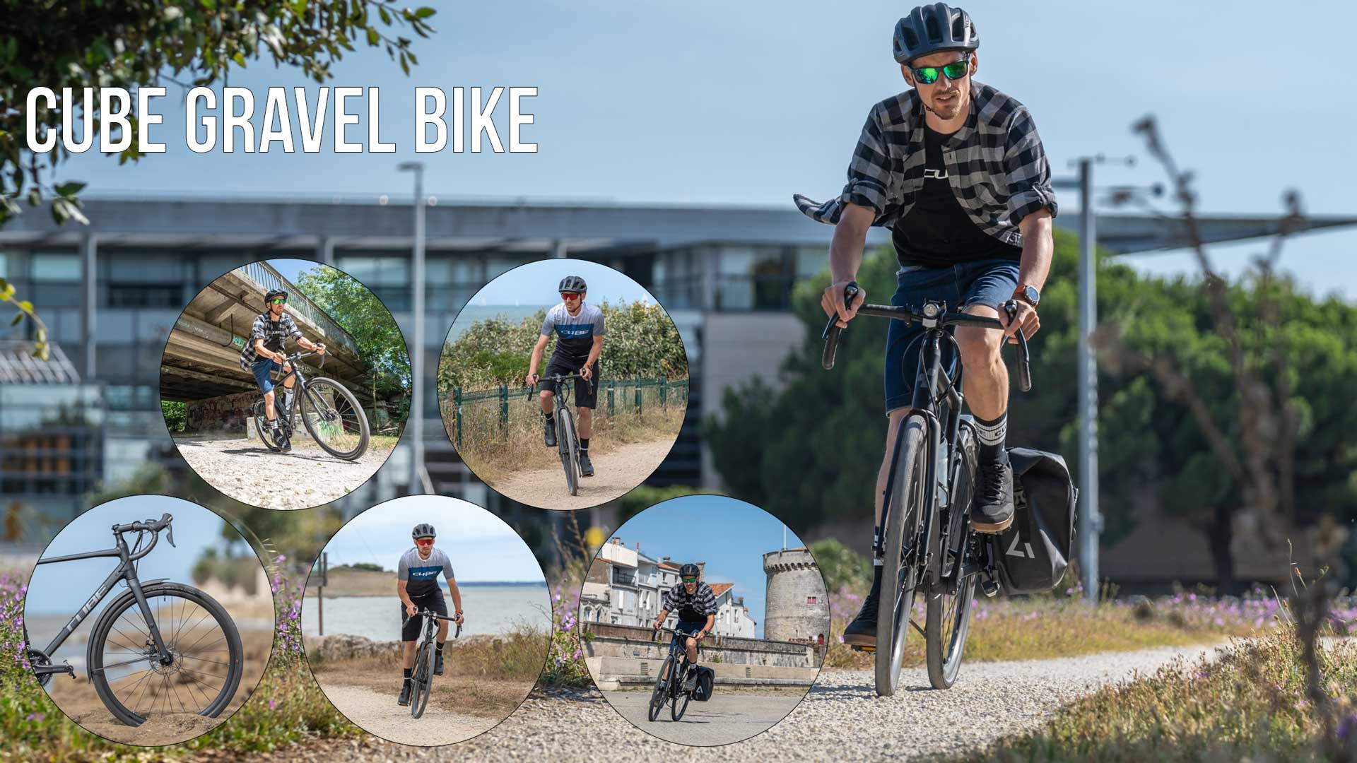 Se ve un collage de imágenes con la inscripción «Cube Gravel Bike». En él hay varias imágenes de ciclistas en una bicicleta gravel.
