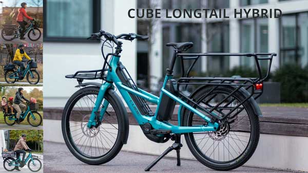 Se puede ver un pequeño collage de imágenes con el título «Cube Longtail Hybrid». En él aparece la bicicleta de carga azul Cube con diferentes posibilidades de uso.