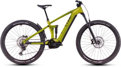 Se puede ver una bicicleta eléctrica Cube Stereo Hybrid ONE44 Pro de color amarillo.