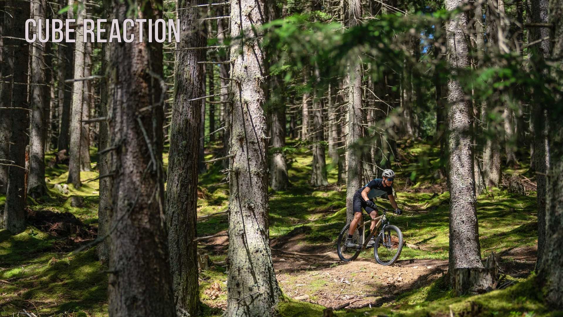 Ciclista montado en una bicicleta de montaña Cube Reaction Hardtail atravesando un bosque. El título de la imagen es Cube Reaction.