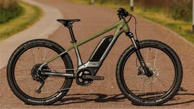 Se ve una bicicleta eléctrica para niños Cube de color gris con detalles en verde. Está parada en un carril bici asfaltado.