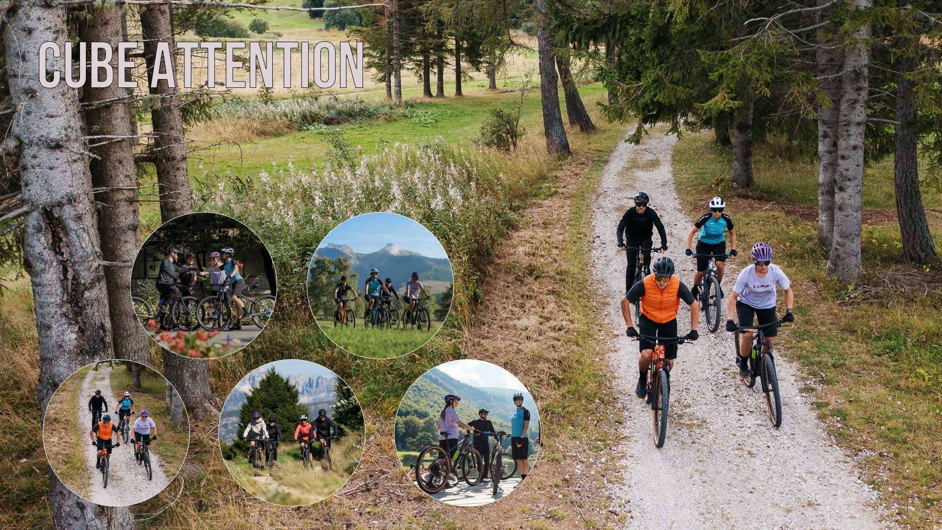 Ciclistas con bicicletas de montaña Cube Attention Hardtail. Cinco imágenes circulares muestran a ciclistas con bicicletas de montaña Cube Attention Hardtail en diferentes escenarios.