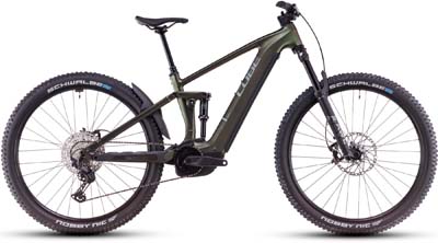 Se puede ver una bicicleta eléctrica Cube Stereo Hybrid ONE44 EXC de color gris.