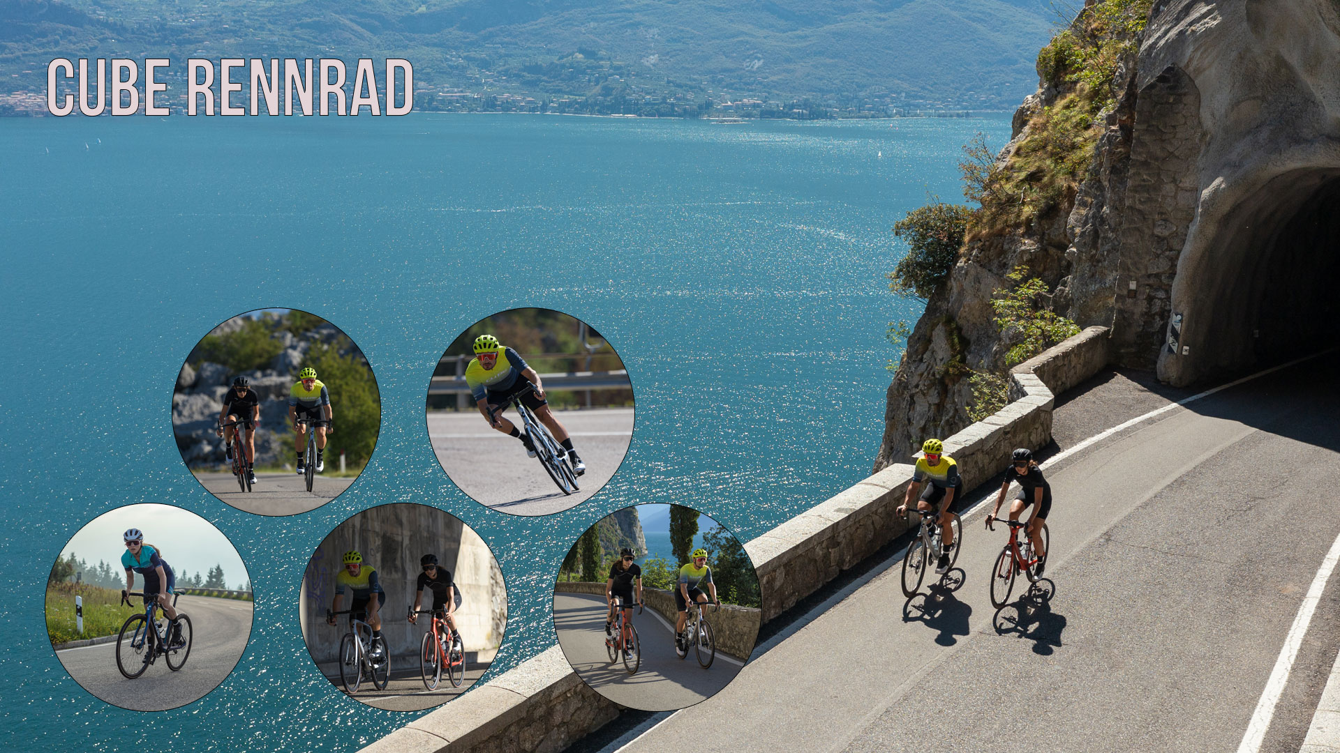 Se puede ver un collage de imágenes titulado «Cube Rennrad» (Bicicleta de carreras Cube). En él se ven varios ciclistas de carreras.