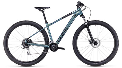 Bicicleta de montaña Cube Aim Pro en un delicado color verde oscuro brillante.
