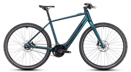 Se puede ver una bicicleta eléctrica azul Cube Editor Hybrid SLT.