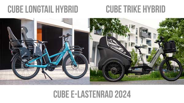 Cartel con la inscripción Cube E-Lastenrad 2024. Debajo, una Cube Longtail Hybrid y una Cube Trike Hybrid, ambas con inscripciones en la imagen.