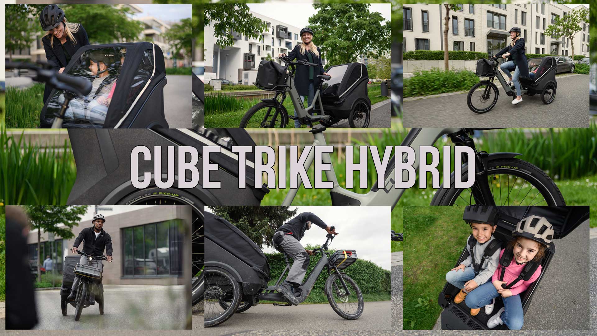 Se puede ver un collage de imágenes titulado «Cube Trike Hybrid», que muestra la bicicleta de carga Cube Trike en diferentes ámbitos de aplicación.