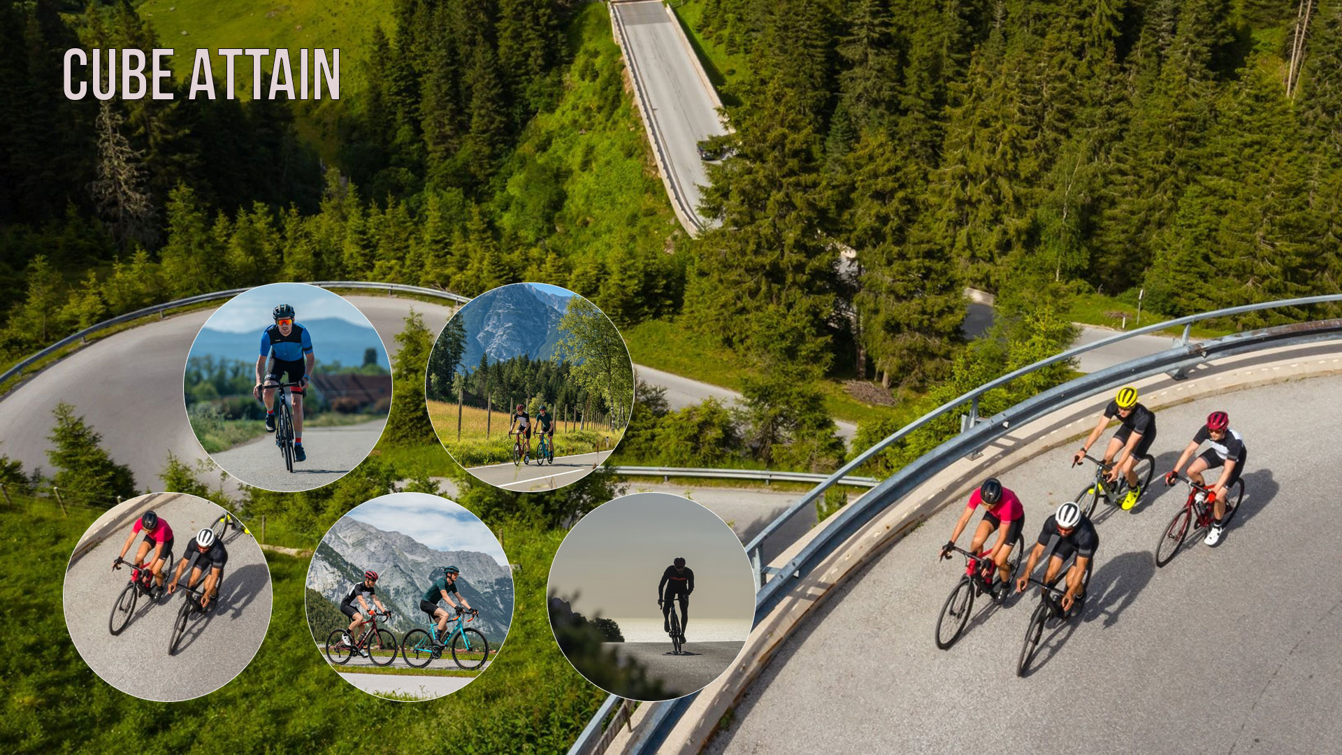 Cartel con la inscripción Cube Attain. Cuatro ciclistas circulan por una autopista con bicicletas de carretera Cube Attain. Cinco imágenes circulares también los muestran en autopistas.