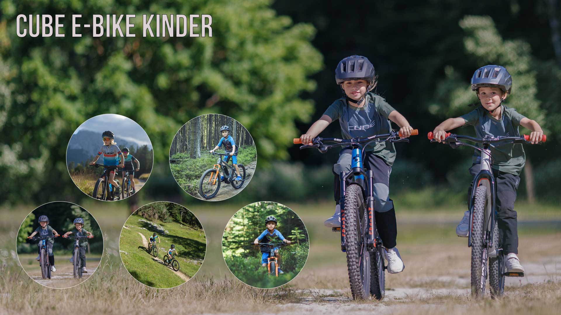 Se puede ver un collage de imágenes titulado «Cube E-Bike Kinder». En él aparecen varias imágenes de niños montando en bicicleta en diferentes paisajes.
