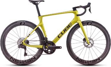 Bicicleta de carretera Cube Agree C:62 Race en color amarillo.