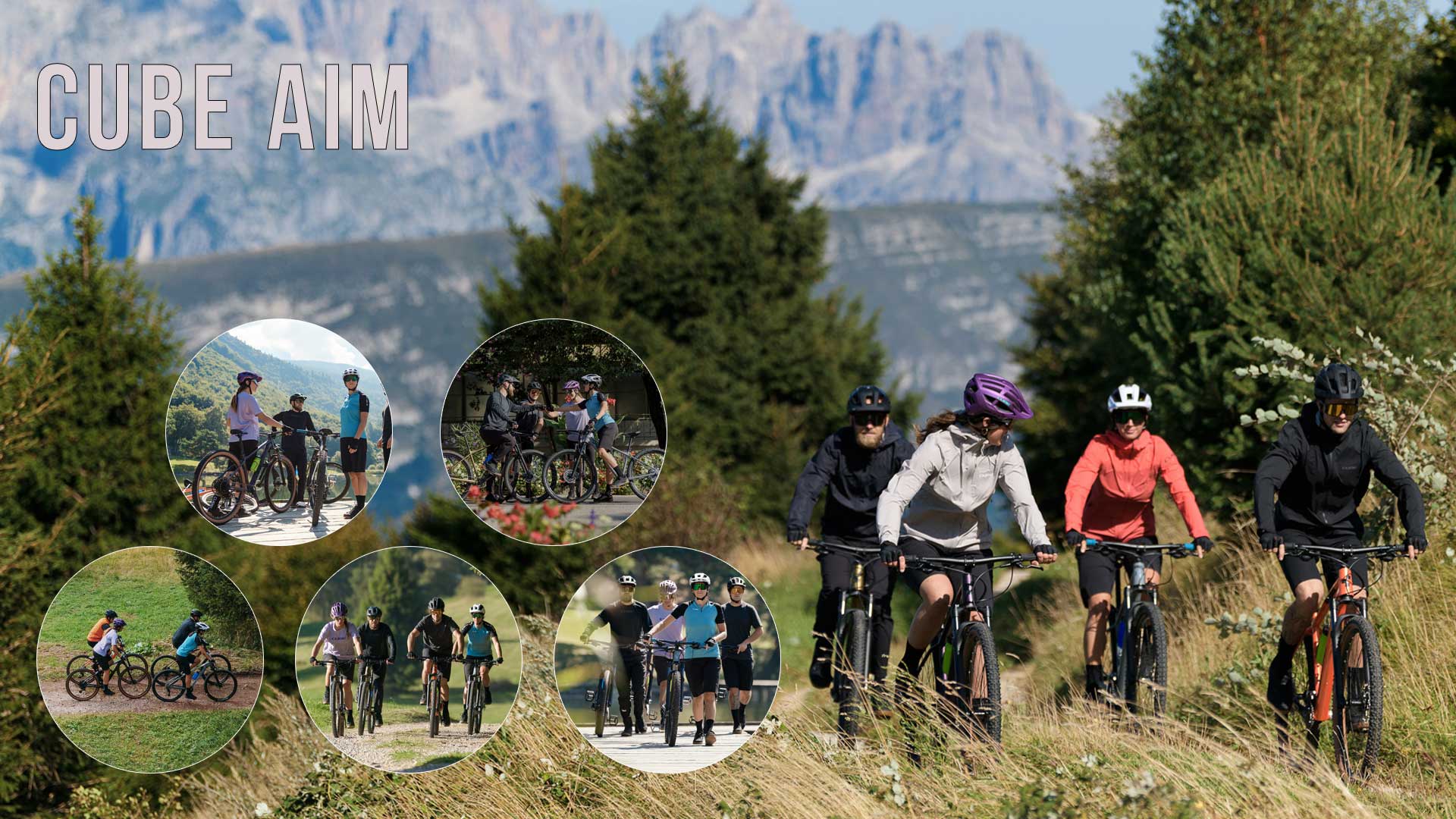 Cartel con la inscripción «Cube Aim». Al fondo, dos mujeres y dos hombres montan bicicletas de montaña Cube Aim. Cinco pequeñas imágenes circulares muestran a cuatro ciclistas con bicicletas Cube Aim.