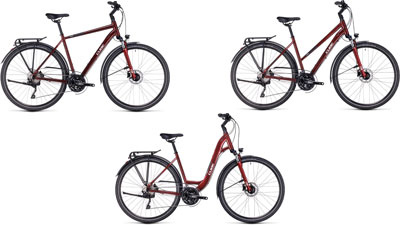 Tres bicicletas Cube Touring EXC una al lado de la otra: una con cuadro diamante, otra con cuadro trapezoidal y otra con cuadro bajo.