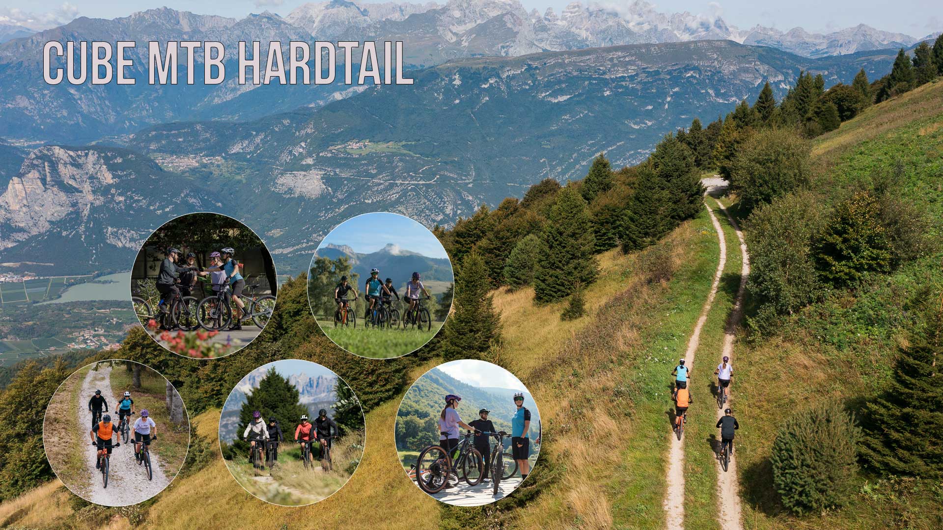 Se ve un collage de imágenes titulado «Cube Mtb Hardtail», en el que aparecen grupos de personas montando en bicicleta juntos.