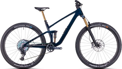 Bicicleta de montaña Cube Stereo ONE44 C:68X SLT MTB de doble suspensión en azul oscuro.