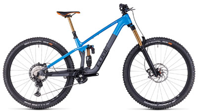 Bicicleta de montaña Cube Stereo ONE77 C:62 SLT MTB de doble suspensión en color azul con cuadro inferior gris.