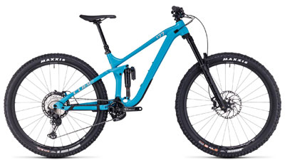 Bicicleta de montaña Cube Stereo ONE77 Race MTB de doble suspensión en color azul.