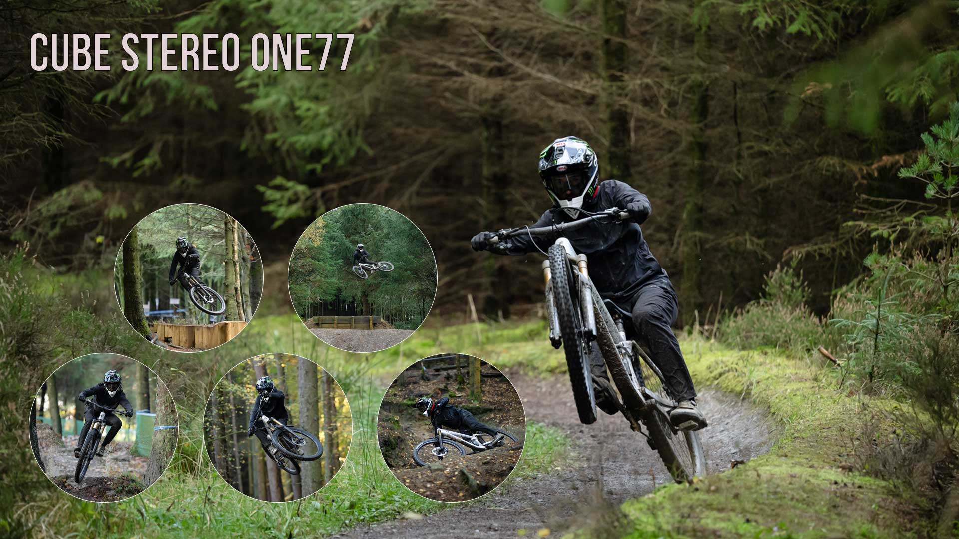 Banner con el título Cube Stereo ONE77. Un ciclista con casco integral va sobre la rueda trasera de una bicicleta de montaña Cube Stereo ONE77 MTB de doble suspensión, con la rueda delantera en el aire. Cinco imágenes circulares lo muestran en el bosque, en tres de ellas saltando.