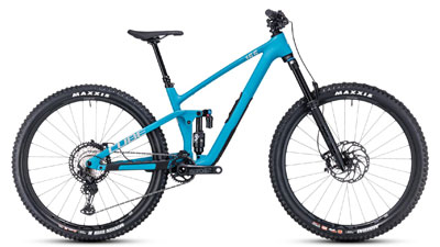 Bicicleta de montaña Cube Stereo ONE55 C:62 SLX MTB de doble suspensión en color azul.