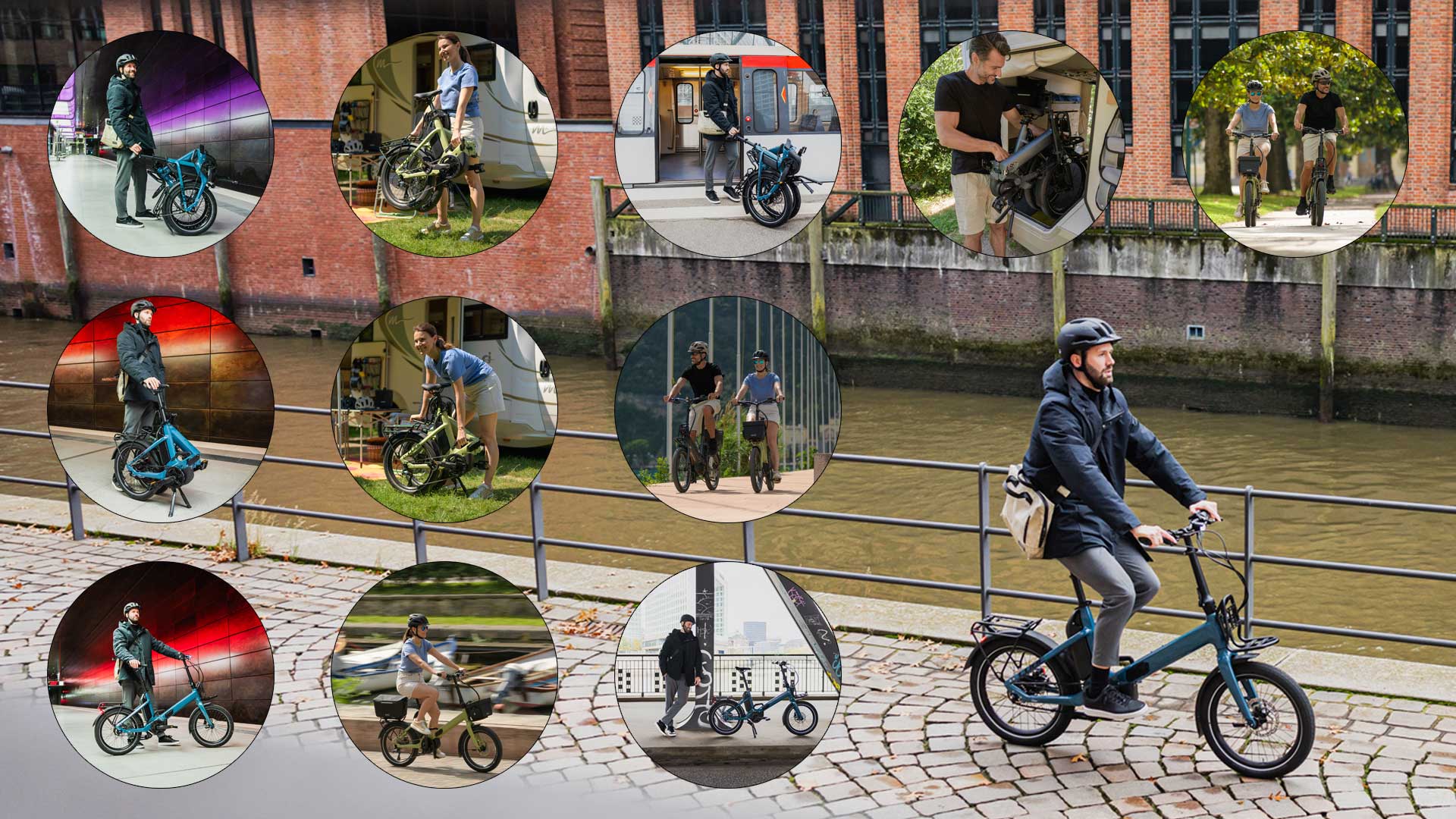 Se puede ver un collage de imágenes de personas que se desplazan en bicicleta plegable en diferentes situaciones.