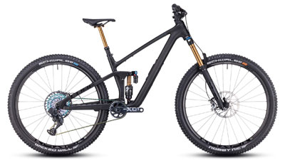 Bicicleta de montaña Cube Stereo ONE55 C:62 SLT MTB de doble suspensión en gris oscuro.