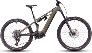 Se puede ver una bicicleta eléctrica marrón Cube Stereo Hybrid ONE77 HPC TM.