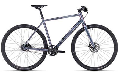 Bicicleta Cube Hyde con cuadro diamante en color plateado.