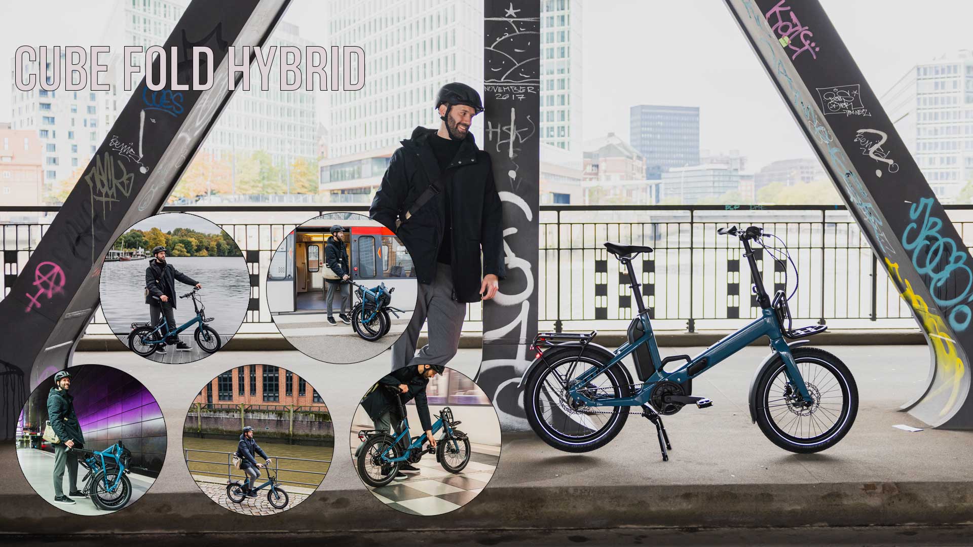 Se puede ver un collage de imágenes titulado «Cube Fold Hybrid», en el que aparecen varios ciclistas con la Cube Fold Hybrid en escenas urbanas.