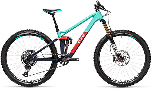 Bicicleta de montaña Cube Fully para mujer en turquesa, verde y rojo.