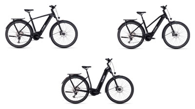 Se pueden ver tres bicicletas eléctricas Cube Kathmandu Hybrid negras, cada una con un cuadro diamante, un cuadro trapezoidal y un cuadro de entrada baja