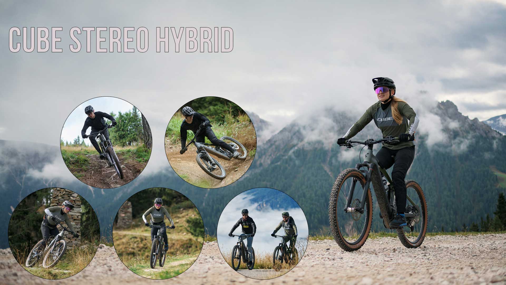 Se puede ver un collage de imágenes titulado «Cube Stereo Hybrid». En él aparecen varios ciclistas recorriendo un paisaje montañoso y boscoso.