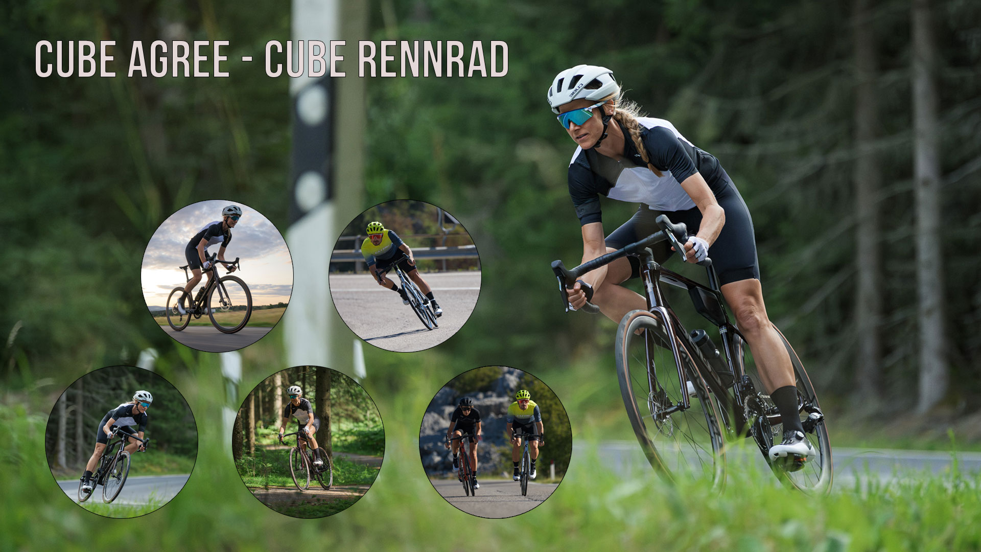 Banner con el título «Cube Agree – Bicicleta de carretera Cube». Una mujer circula por una calle con una bicicleta de carretera Cube Agree. Cinco imágenes circulares la muestran a ella y a otros ciclistas con bicicletas de carretera Cube Agree en acción.