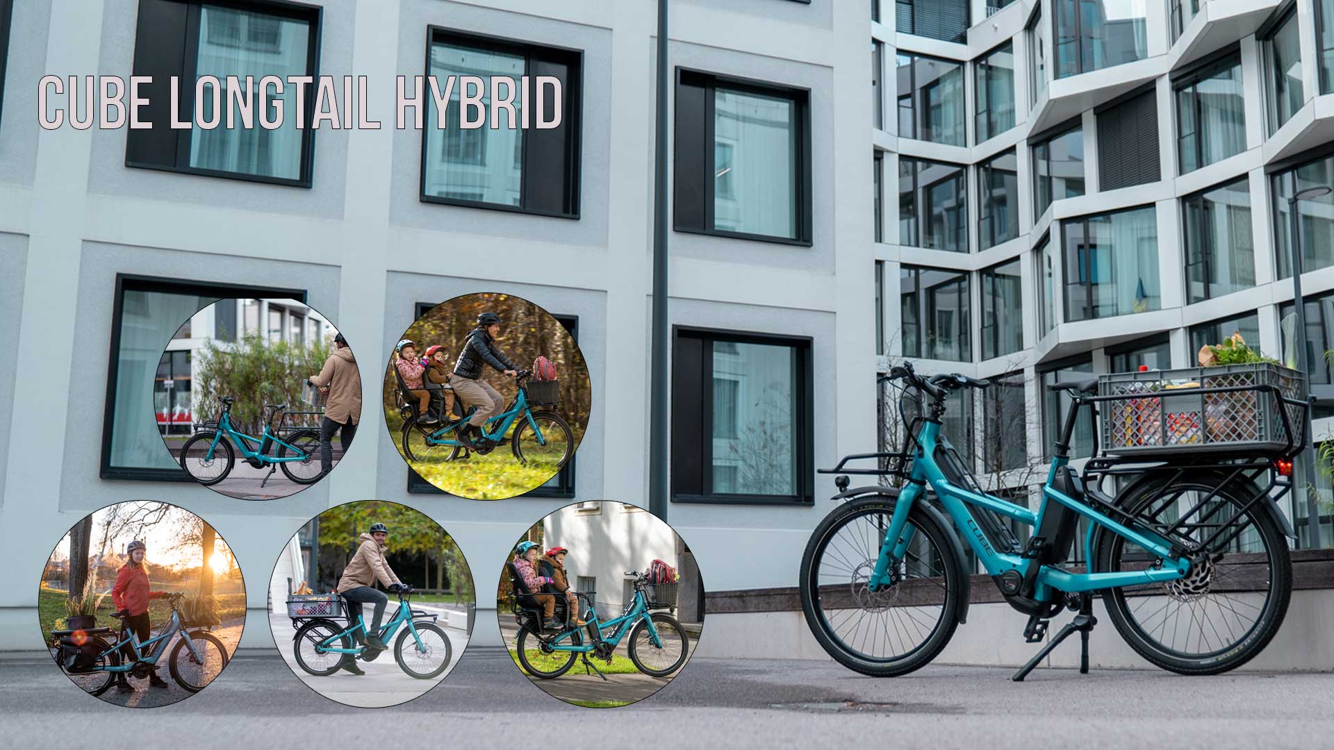 Se puede ver un collage de imágenes titulado «Cube Longtail Hybride», en el que aparecen varias imágenes de ciclistas con la Cube Longtail en un entorno urbano.