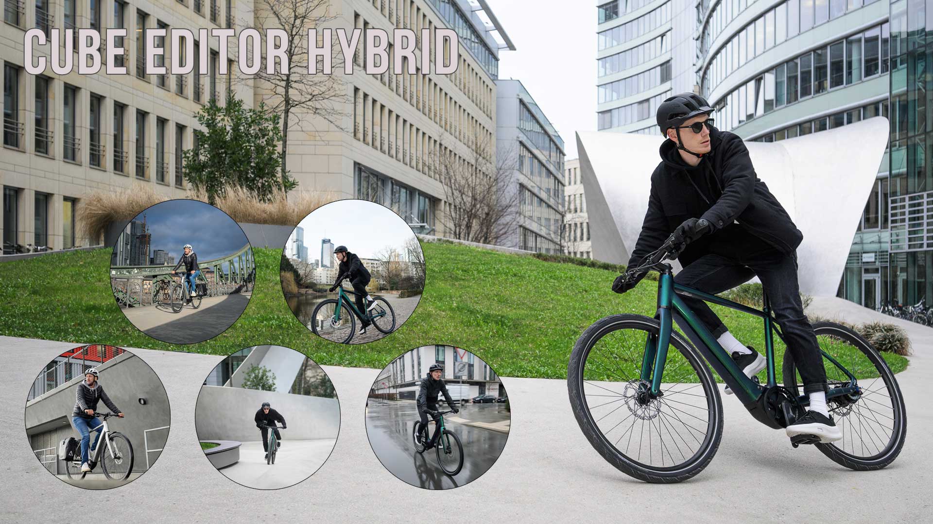 Se puede ver un collage de imágenes titulado «Cube Editor Hybrid», en el que aparecen varios ciclistas con la Cube Editor Hybrid en escenas urbanas.