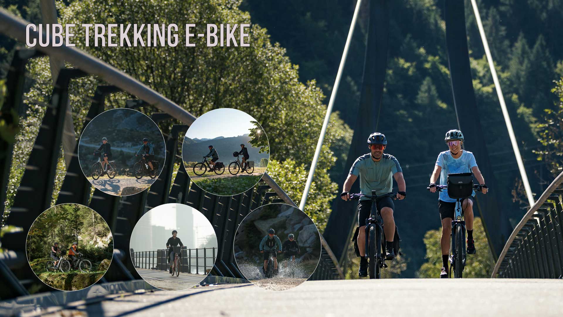 Se puede ver un collage titulado «Cube Trekking E-Bike». En él aparecen varios ciclistas recorriendo diferentes paisajes.