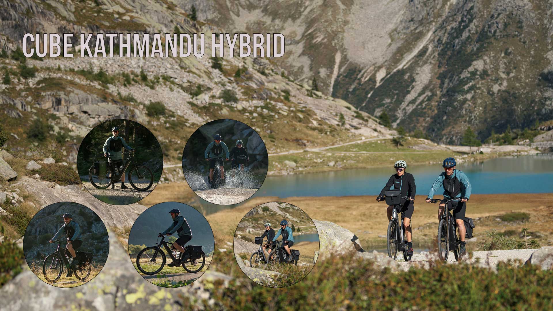 Se puede ver un collage de imágenes titulado «Cube Kathmandu Hybrid», en el que aparecen varias imágenes de ciclistas con la Cube Kathmandu Hybrid en un paisaje montañoso.