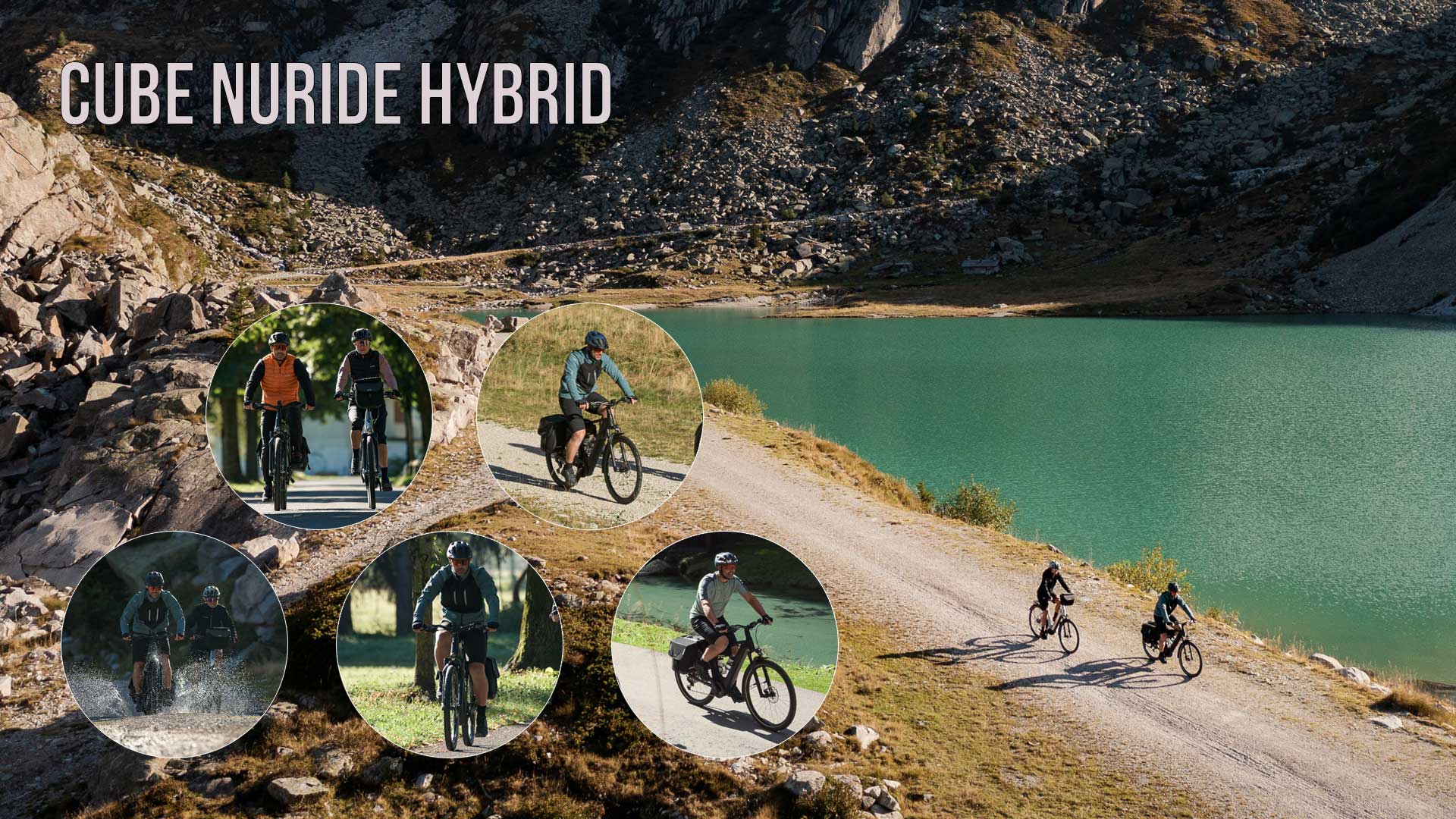 Se puede ver un collage de imágenes titulado «Cube Nuride Hybrid», en el que aparecen varias imágenes de ciclistas con la Cube Nuride Hybrid en diferentes entornos.