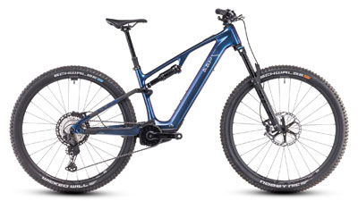Se ve una bicicleta Cube AMS Hybrid de color azul oscuro.