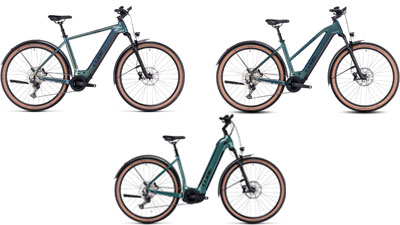 Se pueden ver tres bicicletas eléctricas híbridas Cube Nuride de color verde, cada una con un cuadro diamante, un cuadro trapezoidal y un cuadro de entrada baja