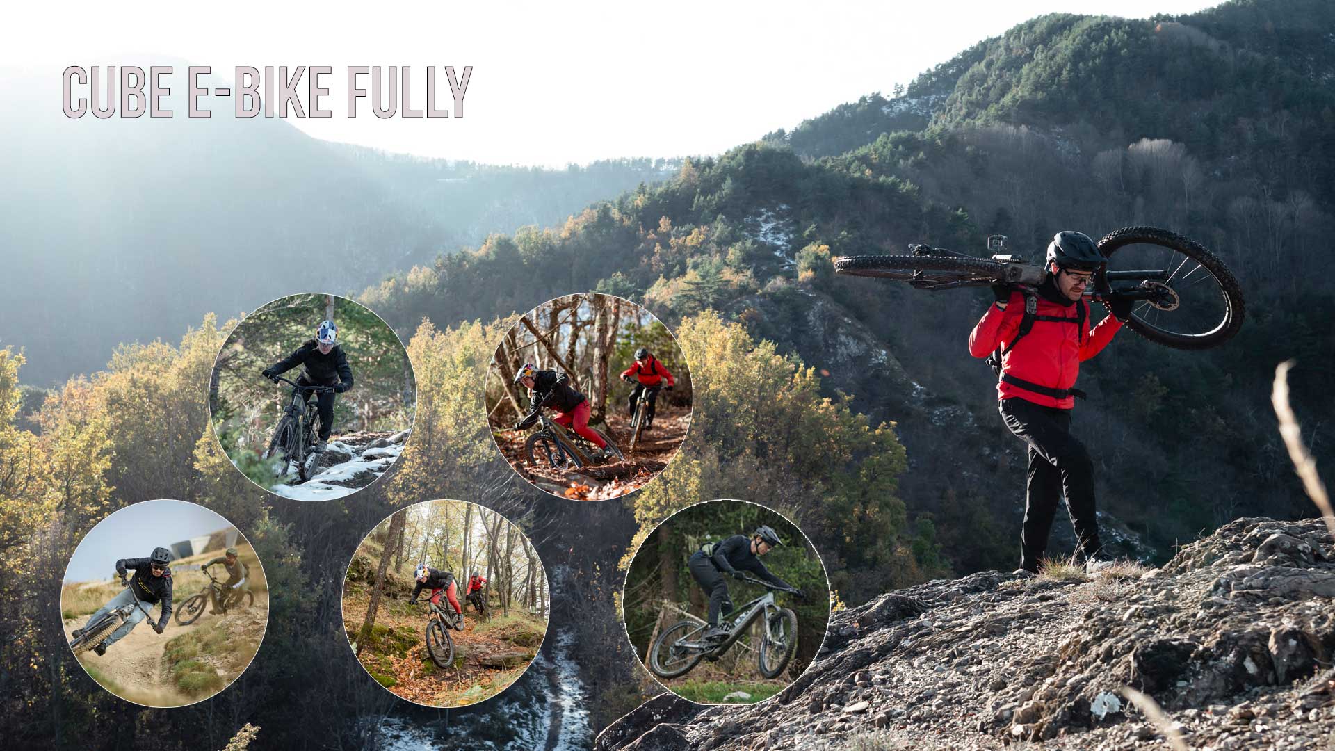 Se puede ver un collage de imágenes con el título «Cube E-Bike Fully». En él aparecen ciclistas Fully descendiendo por impresionantes pendientes.