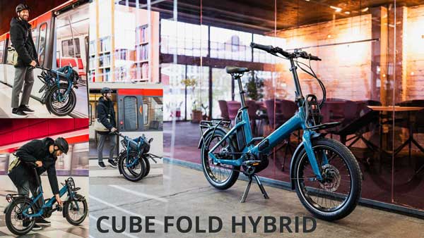 Se puede ver un pequeño collage de imágenes titulado «Cube Fold Hybrid». En él se muestra la bicicleta plegable azul Cube en diferentes situaciones cotidianas.