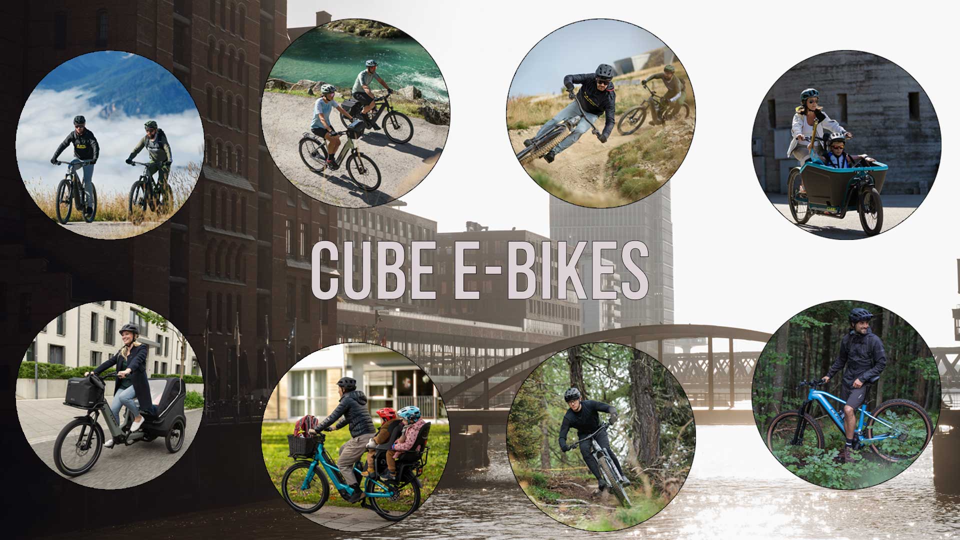 Se puede ver un collage de imágenes con el título «Cube E-Bikes». En él aparecen ciclistas de bicicletas eléctricas en diferentes situaciones.