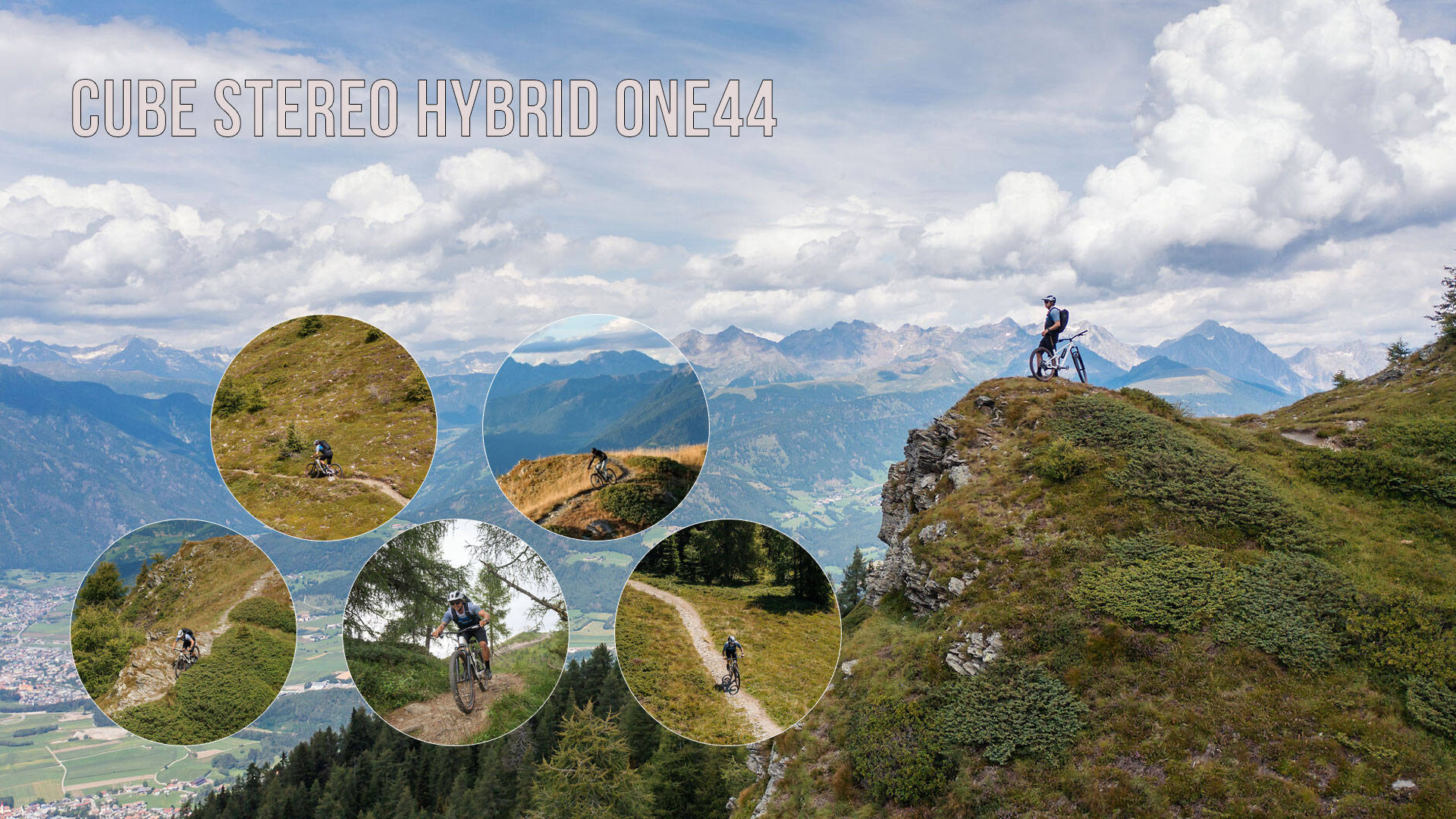 Se ve un collage de imágenes titulado «Cube Stereo Hybrid ONE44», en el que aparecen varios ciclistas recorriendo un paisaje montañoso.