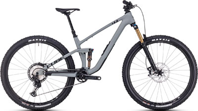 Bicicleta de montaña Cube Stereo ONE44 C:62 Race MTB de doble suspensión en color gris.