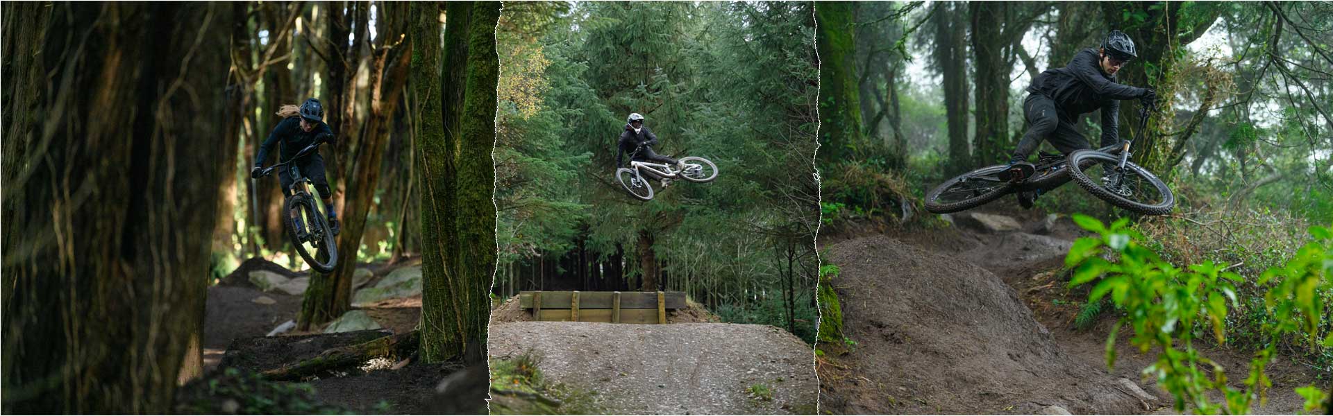 Banner con transiciones rotas. A la izquierda, una mujer salta en el bosque con una bicicleta de montaña Cube Stereo Fully. En el centro, un ciclista con casco integral da un gran salto. A la derecha, otro salto con una bicicleta de montaña Cube Stereo MTB DE DOBLE SUSPENSIÓN
.
